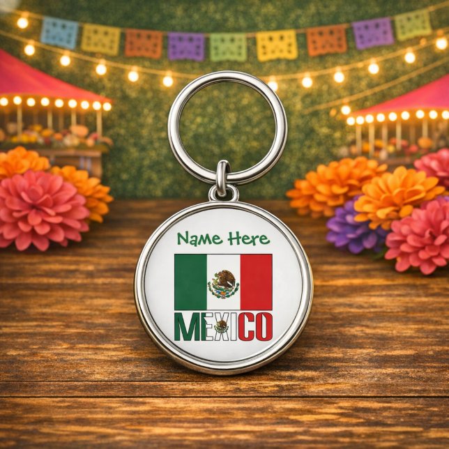 Personlig Mexikos Flagga Rund Metall Silverfärgad Nyckelring (Personalized round metal keychain with Mexican Flag and MEXICO below in flag colors. Add name above.)