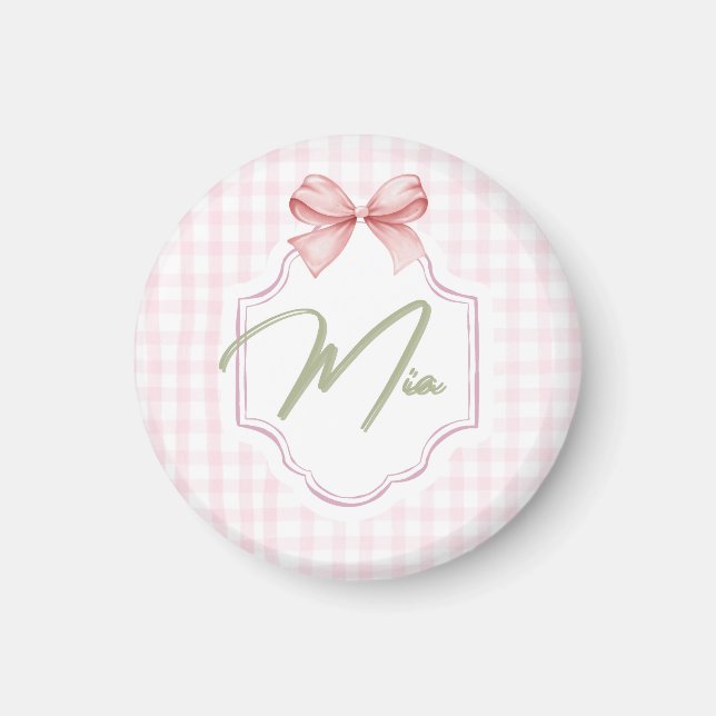 Personlig Mia Flicka Nursery Bow & Gingham Magnet (Framsidan)