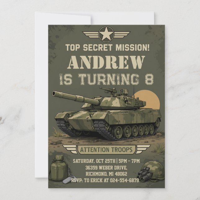 Personlig militär tank födelsedagsfest inbjudningar (Framsida)