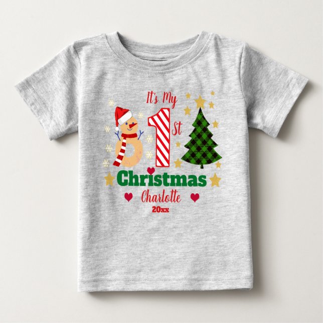Personlig Min första jul Snögubbe Candy cane T Shirt (Framsida)
