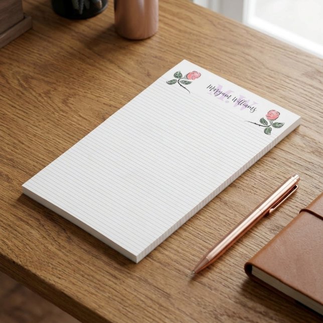 Personlig minimalistisk blommonogramnamn post-it block (personalized lined sticky note pad, custom initial floral memo notes, personalized floral desk stick)