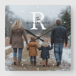 Personlig minimalistisk monogram namn familjefoto fyrkantig klocka