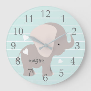 Personlig Mint Grått Elephant Nursery Wall Clock Stor Klocka