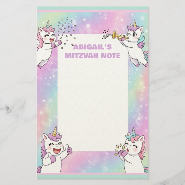 Personlig Mitzvah Note Rosa Cute Unicorn Brevpapper (Framsida)