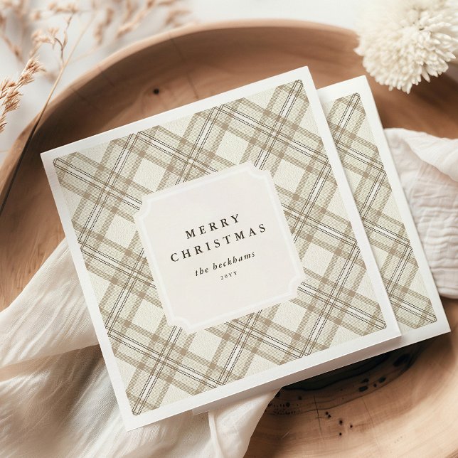 Personlig mjuk beige gingham God Jul Pappersservett (Skapare uppladdad)