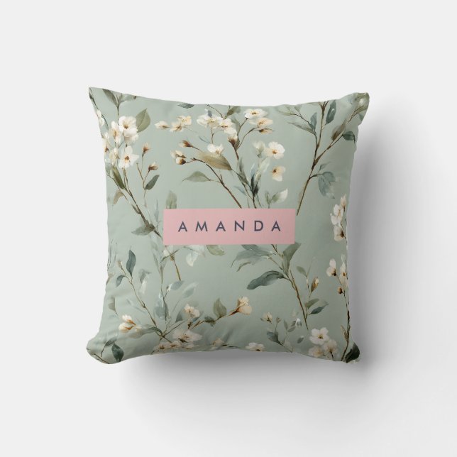 Personlig mjuk pastellgrön blommig design kudde (Framsida)