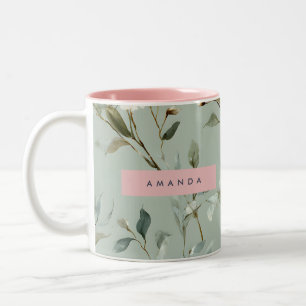 Personlig mjuk pastellgrön blommig design Två-Tonad mugg