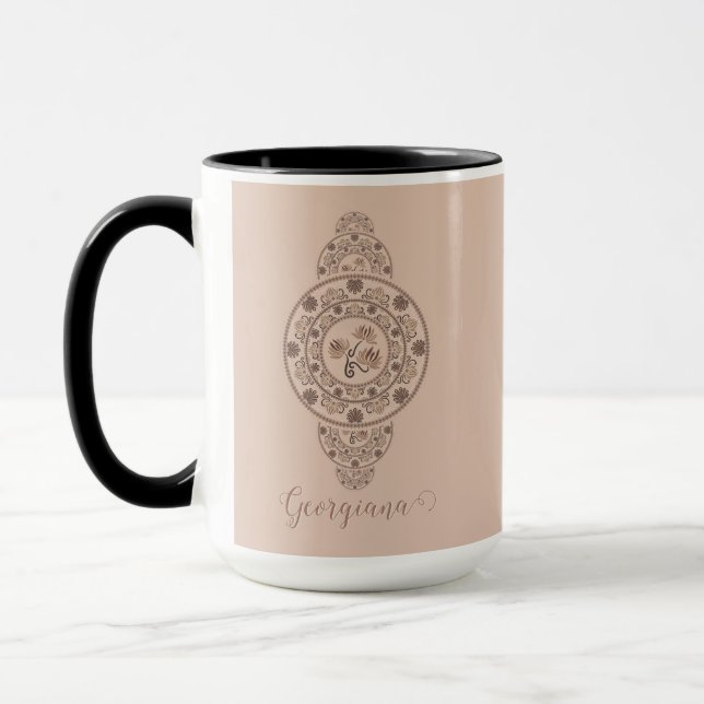 Personlig Mocha Rococo Lotus Ornamental Mandala Mugg (Vänster)
