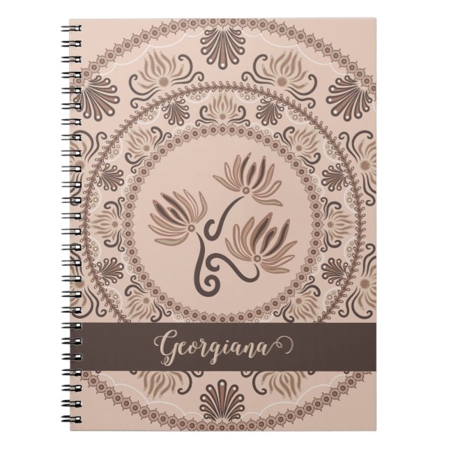 Personlig Mocha Rococo Revival Dot Mandala Anteckningsbok (Framsidan)