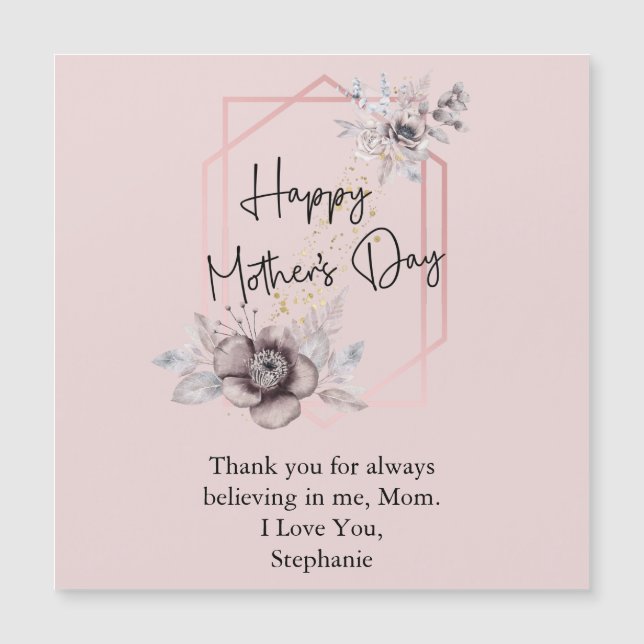 Personlig moderdag magnet med rosa grå blommor (Framsida)