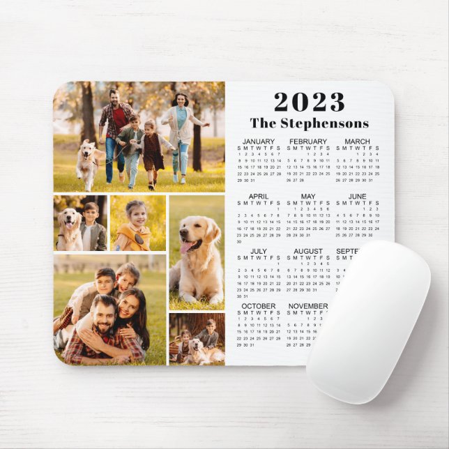 Personlig Modern 2023-kalender 6 Fotokollage Musmatta (Med mus)