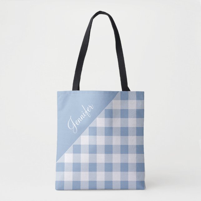 Personlig modern blå gingham  tygkasse (Framsida)