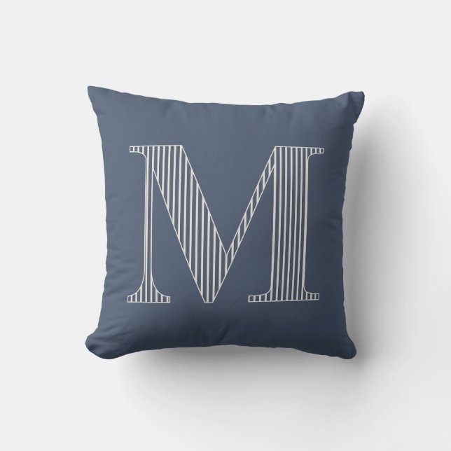 Personlig Modern Blå Randig Monogram Initial Kudde (Framsida)