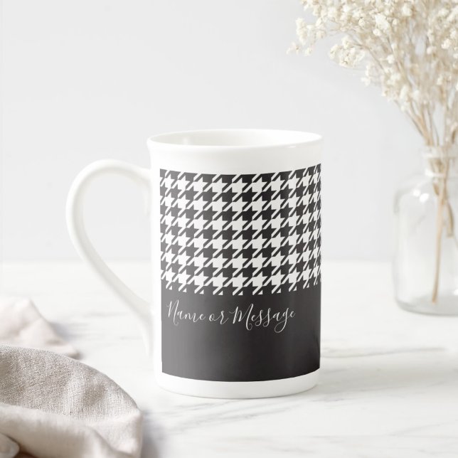 Personlig Modern Black and White Houndstooth Benporslin Mugg (Skapare uppladdad)