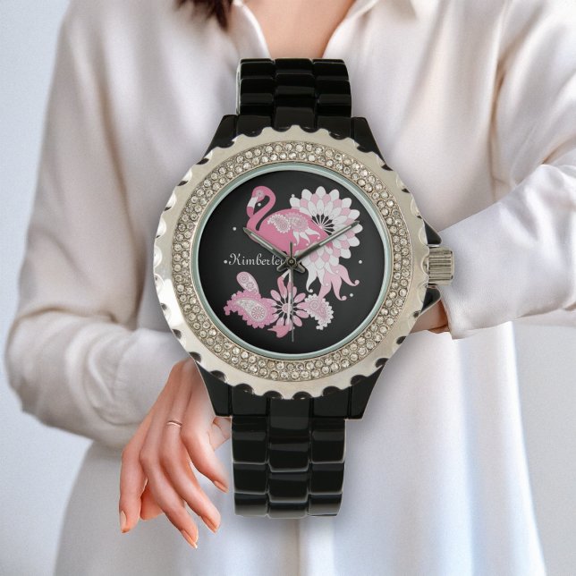Personlig Modern Black Paisley Rosa Flamingo Armbandsur (Skapare uppladdad)