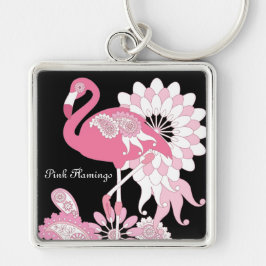 Personlig Modern Black Rosa Flamingo Fyrkantig Silverfärgad Nyckelring