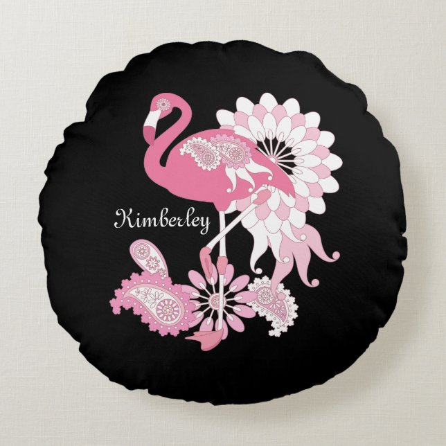 Personlig Modern Black Rosa Flamingo Rund Kudde (Framsidan)