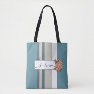 Personlig Modern Blue- och Tan Stripe-Blommigt Tygkasse