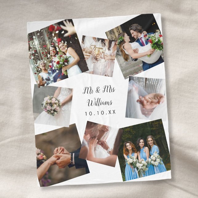 Personlig Modern Bröllopsfotocollage Fleecefilt (Personalized Modern Wedding Photo Collage Fleece Blanket)