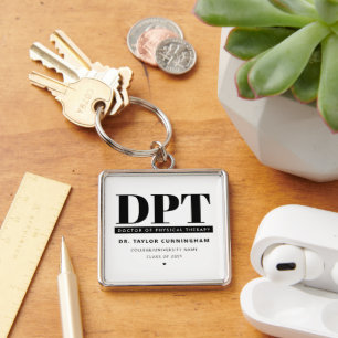 Personlig Modern DPT Doktor of Physical Therapy Fyrkantig Silverfärgad Nyckelring