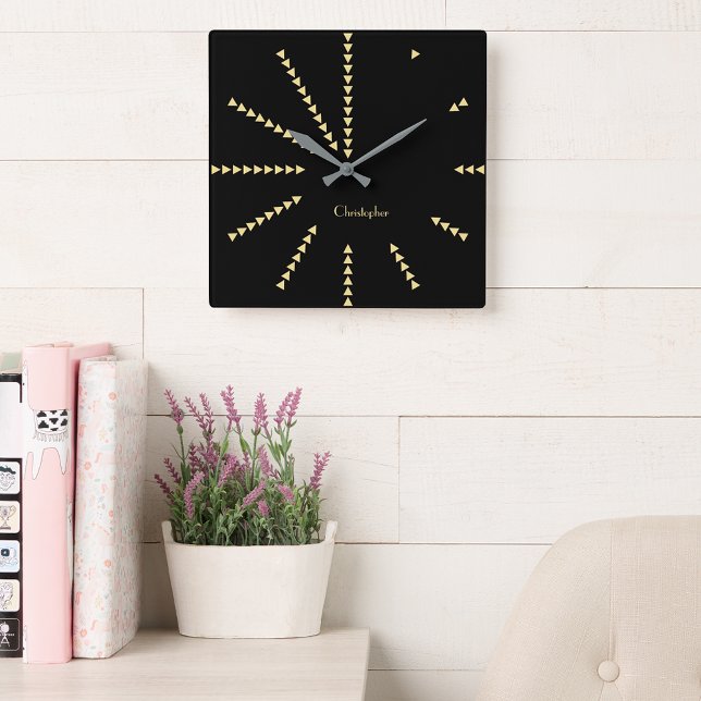 Personlig Modern Elegant Black Faux Guld Decor Fyrkantig Klocka (Personalized Modern Elegant Black Faux Gold Decor Square Wall Clock)