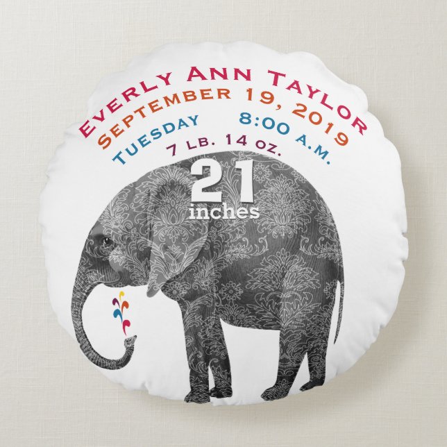 Personlig Modern Elephant Baby Nursery Rund Kudde (Framsidan)
