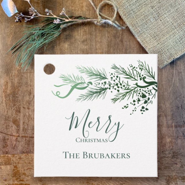 Personlig Modern Enkel julklapp för storhet Gåvor Etiketter (Personalize this sage pine original Merry Christmas holiday gift tag, botanical unique stylish.)