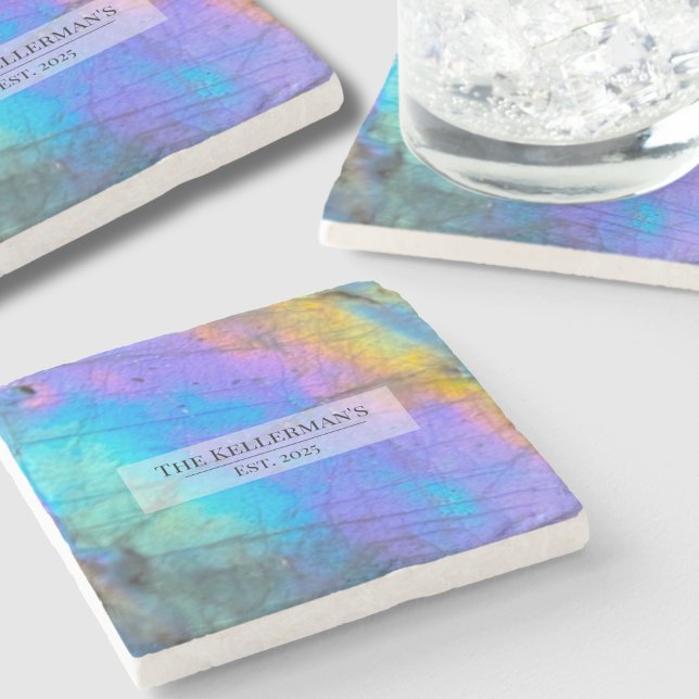 Personlig Modern Färgrik Familjenamn Stenunderlägg (Modern Colorful Labradorite Stone Family Name Stone Coaster)