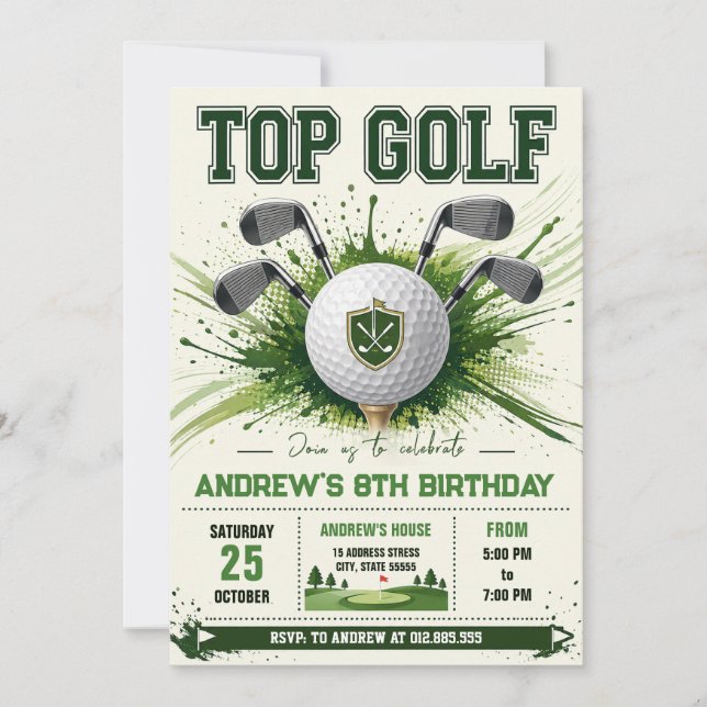 Personlig modern golf-födelsedag inbjudningar (Framsida)