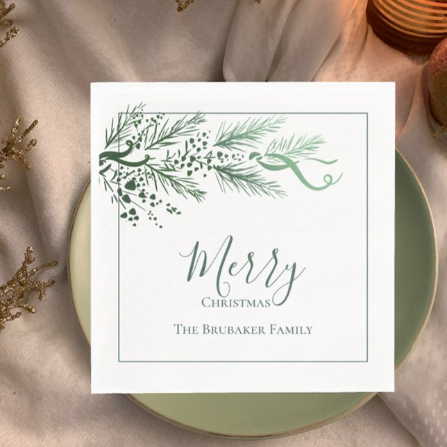 Personlig Modern Grönt Gräs unika jul Pappersservett (Add modern style, personalized family name napkins with original art pine greenery Merry Christmas )