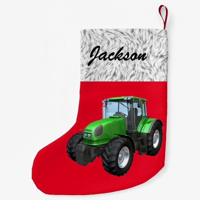 Personlig Modern Grönt Tractor på Red  Liten Julstrumpa (Baksidan)