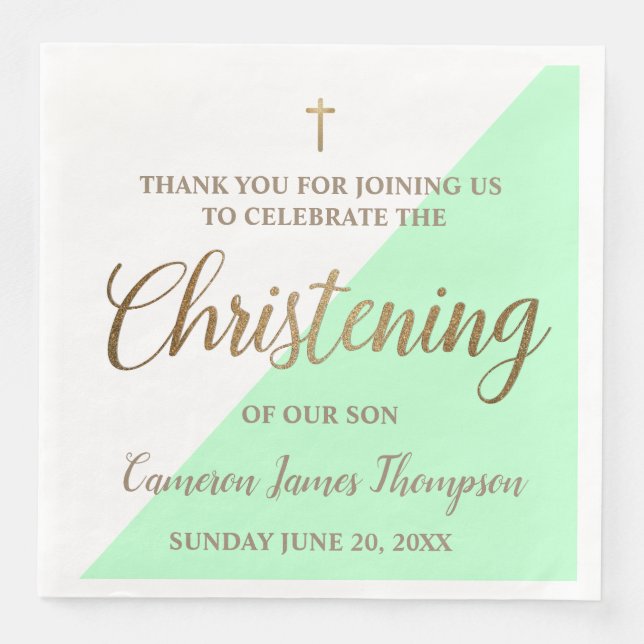 Personlig Modern guld grönt Boy Christening Pappersservett (Framsida)