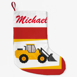 Personlig Modern Gult Loader Tractor på Red Liten Julstrumpa