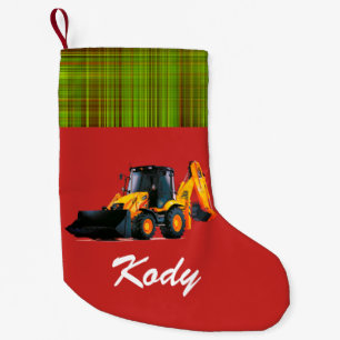Personlig Modern Gult Loader Tractor på Red Liten Julstrumpa