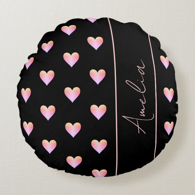 Personlig Modern Hearts Black Rosa Rund Kudde (Framsidan)