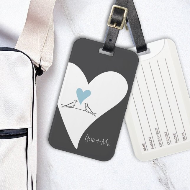 Personlig Modern Love birds Light Blue Heart Bagagebricka (Skapare uppladdad)