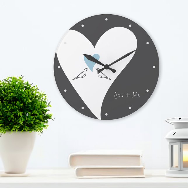 Personlig Modern Love birds Light Blue Heart Stor Klocka (Skapare uppladdad)