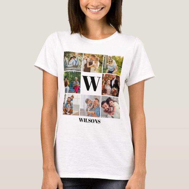 Personlig Modern Monogram Family Photo Collage T Shirt (Framsida)
