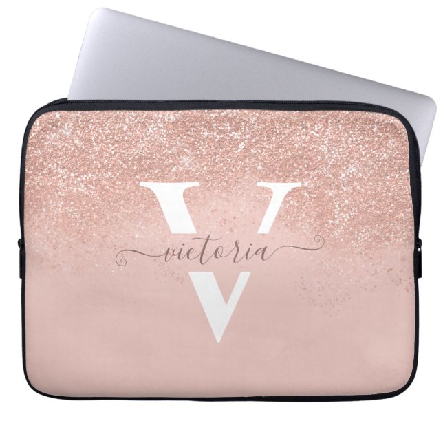 Personlig Modern Monogram för  Rosa Glitter Laptop Fodral (Framsidan)