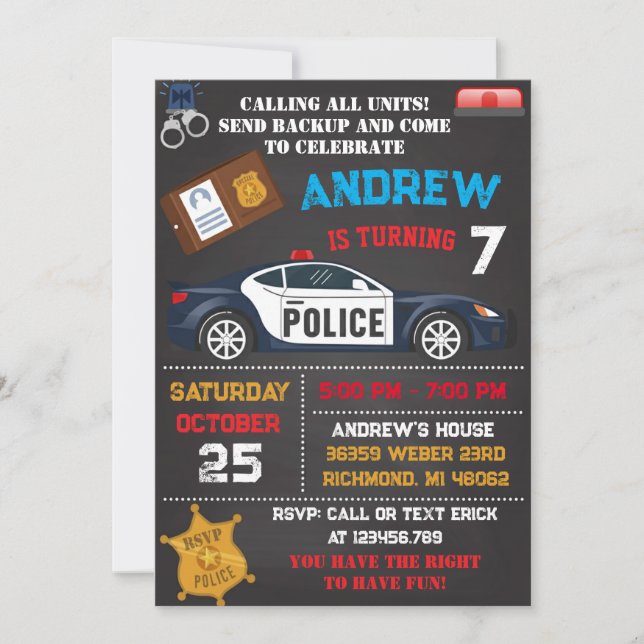 Personlig modern polis tema födelsedagsfest  inbjudningar (Framsida)