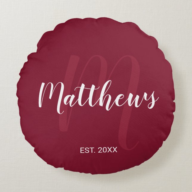 Personlig Modern Script Monogram & Family Namn Rund Kudde (Framsidan)