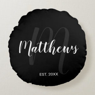Personlig Modern Script Monogram & Family Namn Rund Kudde