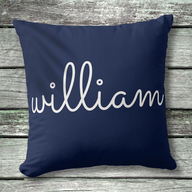 Personlig Modern Script Namn marin blå Kudde (Personalized Modern Script Name Navy Blue Throw Pillow)