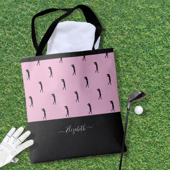 Personlig modern silhuett av golfspelare rosa svar tygkasse (Personalized Golfer Modern Silhouette Pink Black Tote Bag)
