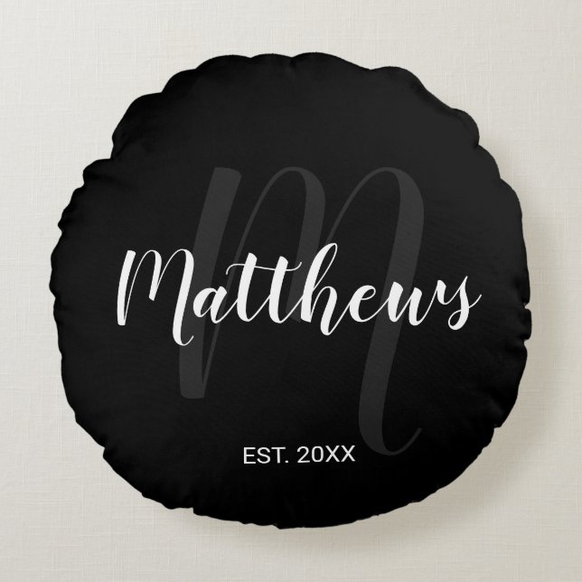 Personlig modern skriptmonogram & familjenamn rund kudde (Framsidan)