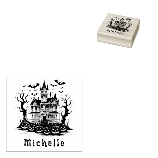 Personlig Modern Spooky Pumpkin Haunted house Stämpel (Stämplad)