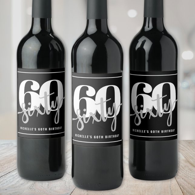 Personlig Modern Svart 60-årsfest Vinflaska Etikett (Personalized Modern Black 60th Birthday Party Wine Label)