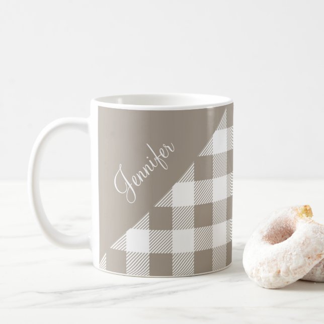 Personlig Modern Taupe Karo Kaffemugg (Med munk)