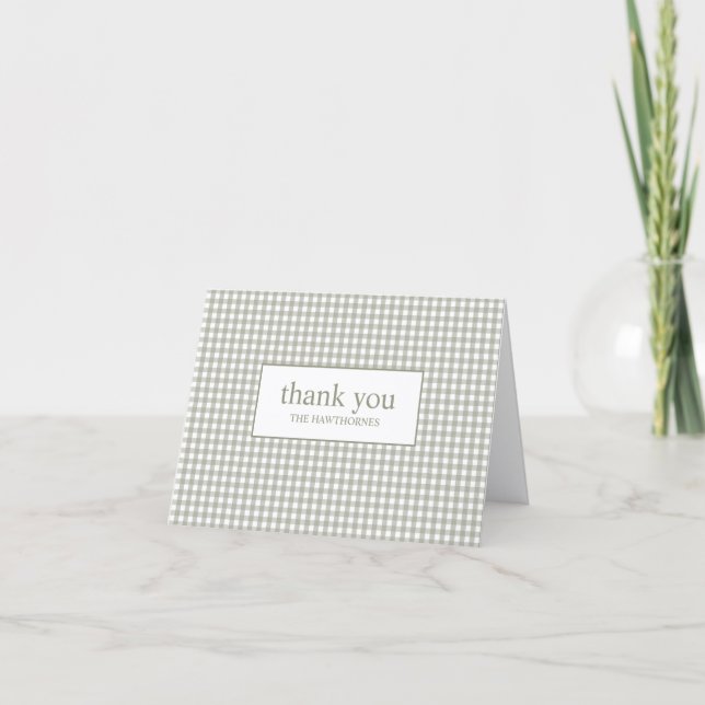 Personlig modern typografi grön gingham tack kort (Framsida)