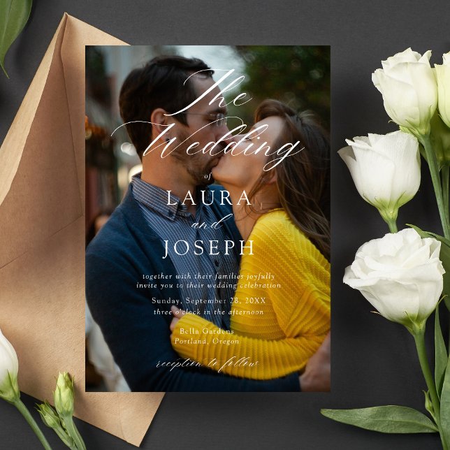 Personlig Modern Vit och Svart Foto Bröllop Inbjudningar (Black and white photo wedding invitation highlights your special moment with stylish elegance)